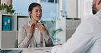 Sore throat, woman and consulting doctor in clinic with medical history, viral infection and help. Healthcare, professional or patient with hospital checkup for flu symptoms, tonsillitis or diagnosis