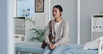 Medical, upset or woman on hospital bed with thinking, appointment stress or waiting for surgery result. Healthcare, anxiety or patient in clinic with fear, reflection or diagnosis worry in checkup.