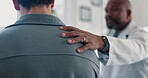 Hands, doctor and comfort patient in clinic with support, care or empathy for bad news. Results, kindness and medical person with client shoulder for compassion, advice or discussion of diagnosis