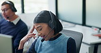 Frustrated, call center and tired with business woman in office for customer support, complaint or stress. Troubleshooting, fatigue or communication error with employee in coworking agency for advice