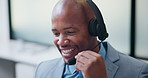 Call center, talking and business black man in office for contact us, sale agent and consulting. Lead generation, crm consultant and help desk with employee in agency for promotion pitch and advisor