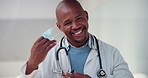Doctor, mask and face of black man in hospital for virus protection, outbreak and virologist. Healthcare advisor, infectious disease expert and medical with person in clinic for ppe and about us