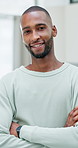 Face, man or smile with arms crossed in office for creative internship, career development or pride. Marketing intern, black person or happy at startup for growth opportunity, about us and confidence