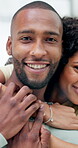 Face, smile and couple with hug in home for support, commitment and romantic connection for bonding. Portrait, happiness and African people with embrace for healthy relationship, affection and love
