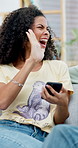 African couple, high five and celebration with phone in home for winner, success or prize. Excited, surprise and happy man with woman for good news, lottery or achievement with online competition