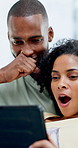 African couple, laugh and shock with tablet for social media, meme or bonding in living room of home. Man, woman and relax with smile on tech for communication, humor and love with gossip story