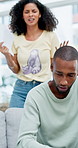 Couple, documents and fight in home with stress, frustrated and asset management crisis in living room. African people, debt and shout with anger for financial report, bills and bankrupt at apartment