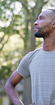Black man, smile and thinking with fitness at park in summer, break and rest with inspiration in morning. Person, runner and outdoor with perspective, reflection and happy with exercise for wellness