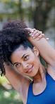 Outdoor, friends or woman with stretching for fitness, warm up routine or smile for wellness practice. Active, getting ready or people with commitment for runner club, workout preparation or park