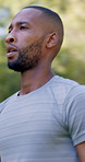 Black man, tired and walk with fitness at park in summer, breathe and rest with inspiration in morning. Person, runner and outdoor for perspective, reflection or break with exercise for wellness