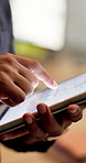 Hands, person or scroll on tablet screen in office for ad results, KPI data or website traffic. Marketing manager, tech or graphs for tracking user behavior, project management or competitor analysis