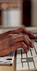 Hands, business and person with computer in office for editing, research and story update at night. Editor, keyboard and pc for email response, confirm source and working late for article publication