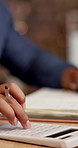 Businessman, hands and writing in office with calculator, notebook and bookkeeping for audit report. Accountant, person and calculation in firm with journal notes, financial management and bokeh.