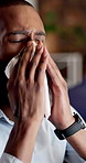 Sneeze, sick or businessman with tissue in office, allergy season or viral infection for running nose. Health problem, accountant and ill employee with hayfever in workplace, flu symptoms and sinus