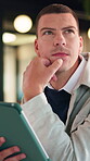 Tablet, business man and thinking with idea for online planning, startup or company results. Entrepreneur, digital tech and professional person with problem solving, email or review of career growth