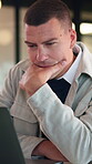 Laptop, business man and thinking with decision, planning or strategy for online investment. Reading, review and entrepreneur with email, feedback or analysis of startup risk or loan application