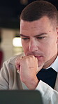 Laptop, thinking and business man with decision, review or problem solving for design solution. Strategy, online and web designer with choice, planning and proposal on computer for agency development