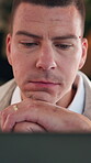 Laptop, business and man with thinking, problem solving or decision for investment idea. Online, reading and entrepreneur with choice on computer for analysis, email or report of startup growth