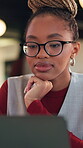 Laptop, business and woman thinking for problem solving or decision with copywriting idea. Reading, review and creative editor on computer with proofreading, article or newsletter for startup agency