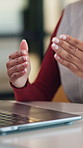 Hands, laptop and video call at office with communication, insight or review at insurance company. Person, broker or agent with consultation, virtual meeting and explain at risk management agency