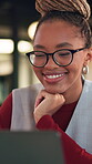 Laptop, reading and happy woman with solution, thinking or feedback on copywriting idea in office. Smile, vision and editor or African person on computer with online proofreading for creative project