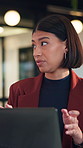 Businesswoman, talk and meeting in office with laptop, idea proposal or research for public relations. Person, discussion and planning in workplace with computer, press release review and creativity.