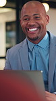 Laughing, meeting and businessman with laptop in office, law joke and digital testimony for court case. Review, pc and happy lawyer with email for trial motion request, legal humor and hearing appeal