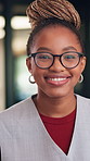 Face, confident or businesswoman with laugh in office, housing market industry or real estate career. Portrait, happy and African realtor with pride for property management, rental agency and joke