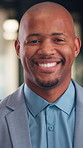 Face, business and black man with smile in office for career pride, about us and real estate broker. Portrait, person or realtor with ambition, property development and employee laughing in workplace