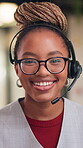 Call center, face and black woman in headset with smile for customer support or friendly communication. Happy, agent or consultant in portrait for about us, online service or tech solution in office