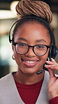 Call center, face and African woman in headset for customer service, contact or friendly communication. Happy, agent or consultant in portrait for about us, online support or tech solution in office