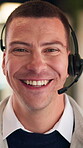 Call center, face and man in headset with smile for customer support or friendly communication. Happy, agent or consultant in portrait for about us, online service or tech solution in office