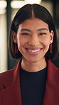 Face, corporate and woman with smile in office for career pride, about us and real estate broker. Portrait, person and realtor with ambition, property development and employee laughing in workplace