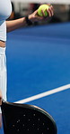 Fitness, ball or hands with padel racket for game, training session or practice for sports competition. Tennis court, throw technique and person with equipment for match, weekend contest and active