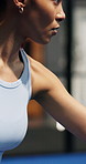 Fitness, start or woman with padel racket for game, training session or practice for sport competition. Tennis court, serve technique and player with equipment for match, weekend contest and begin