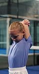 Tennis, girl and child on court with stretching, development or learning skills for sports performance. Young kid, workout and warm up at padel club with hobby, exercise and training for competition.