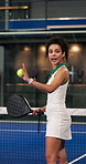 Padel, trainer and woman with racket on court with instruction for practice, fitness and lesson. Sports, coach and person with equipment, advice and tips for swing, serve and training for tennis game