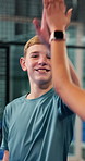 Padel, high five and child with trainer on court for learning to serve for game, match and practice. Fitness, tennis and coach with boy for lesson, exercise and training with success for progress