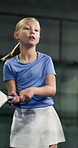 Fitness, health and child for padel training, match or exercise at tournament with hobby. Competition, wellness and girl kid with racket for game, practice or active with workout in sports club.
