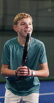 Padel, boy and child on court with training, skill development and practice technique for tournament. Teen kid, workout and sports at tennis club with equipment, exercise and fitness for competition.