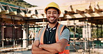Laugh, construction site and face of man outdoor for infrastructure, building and renovation. Crossed arms, civil engineer and portrait of person with ppe for urban development and safety compliance