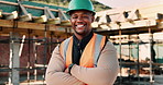 Helmet, face and black man on construction site with crossed arms for building project in city. Happy, civil engineer and portrait of male with ppe for safety with infrastructure or urban development