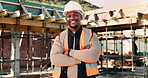 Helmet, happy and face of black man on construction site for infrastructure, building and protection. Crossed arms, civil engineer and portrait of male with ppe for safety compliance in architecture