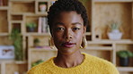 Face, business and creative black woman in office, about us and fashion magazine editor with pride. Portrait, serious professional and employee with job opportunity, career growth or style writer