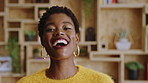 Face, funny and creative black woman in office, about us and fashion magazine editor with pride. Portrait, happy professional and employee with career growth, laugh or style writer in business