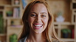 Face, laugh and creative woman in office, about us and fashion magazine editor with business pride. Portrait, happy professional and employee with job opportunity, funny and style writer in USA