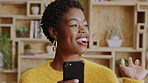 Phone, happy and black woman in office with friendly communication, hello or business marketing. Smile, app or online engagement with marketer waving for employee happiness, interaction or contact us