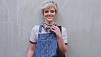 Face, woman and student with smile outdoor for education, scholarship and study abroad. Wall, portrait and female person with mockup space, learning opportunity and confident for university knowledge