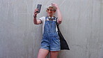 Education, hair and selfie of student woman outdoor on campus for learning or university study. College, space and photograph of pupil on wall background for knowledge, opportunity or social media