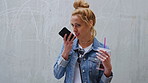 Phone, drink and woman with audio message, outdoor communication and online update. Beverage, mobile speaker and person with recording by wall for memo reminder, talk or voice note with mockup space